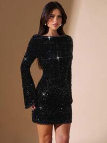 SHEIN BAE 女式黑色天鹅绒亮片方领迷你连衣裙，鸡尾酒会俱乐部服装，适合夜间外出、派对、正式场合、节日活动、万圣节、圣诞节 - 黑色 - 查看 4