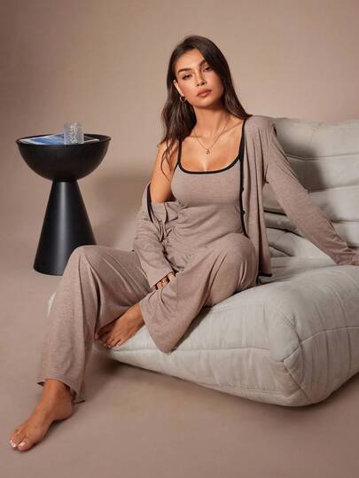 Lazeform Conjunto de 3 piezas de ropa de estar en casa para mujer con bata de manga larga ajustada de unicolor, top tipo camiseta y pantalones, ropa cómoda para otoño e invierno