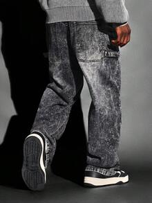 Quần jeans thợ mộc dáng rộng SUMWON bằng cotton, kiểu dáng vintage rách rưới, ống rộng, chất liệu denim tiện dụng với nhiều túi, thích hợp cho thời trang đường phố. - màu đen - Xem 2