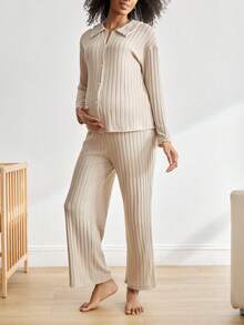 BloomMama Maternity Brushed Autumn/Winter Comfortable Ribbed Collar Button Front Long Sleeve Top & Pants Pajama Set, Easy Comfort Chic, Fall Clothes, Cozy Outfit - Khaki - View 2