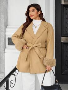 Calvaya Plus Size Plus Size Waist Pocket Splice Faux Fur Jacket - Khaki - View 8