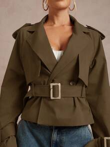 Lumalex Áo khoác trench coat ngắn màu trơn có thắt lưng dành cho nữ mùa thu đông - Cà phê nâu - Xem 7
