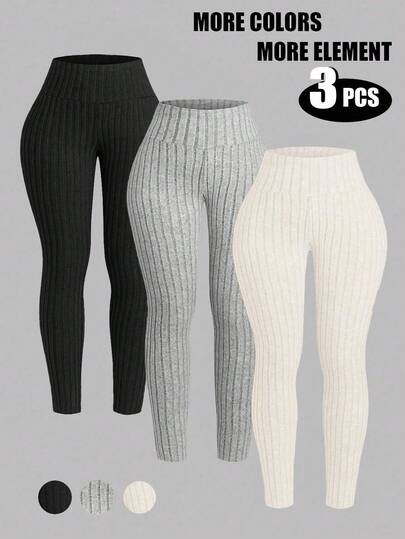 INAWLY Set de 3 piezas de leggings de felpa acanalada de unicolor talla grande