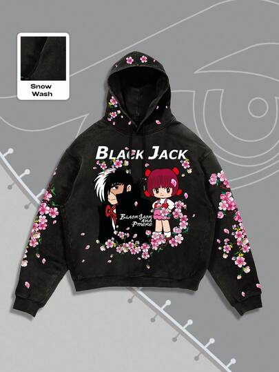 Black Jack X ROMWE Men's Black Cartoon Figure Graphic Hoodie, Suitable For Everyday Wear, Fall
