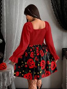 Whyspr Nuevo vestido corto elegante de línea A con cintura ceñida, diseño de vacaciones de Halloween con estampado de calabaza, manga de farol con lazo decorativo en el cuello, romántico - Burdeos - Ver 2