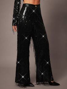 Silquee Autumn And Winter Women's Black Fringe Sequin Fabric Diamond Button Fashion Suit Pants, Suitable For Parties, Gatherings, Dates, Going Out, Wedding Guests, Birthdays, Dates, Halloween, Thanksgiving, Christmas Sequin Fringe Pants Party - Black - View 7