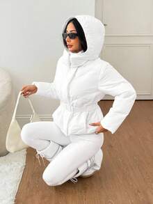 SHEIN PETITE Women's Outdoor Warm Long Sleeve Cinched Waist Winter Coats - White - View 8