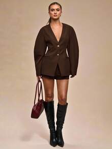 SHEIN BAE Women's Solid Color Waist Cinched Blazer, Suitable For Work - Chocolate Brown - View 6