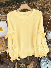 Firerie Suéter holgado de punto con decoración de lazo hueco, suéter holgado y lindo de talla grande en beige/invierno - Amarillo - Ver 4