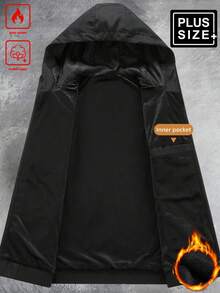 Manfinity Homme 加大码男士长袖休闲拉链连帽夹克，带保暖内衬，秋冬季男士外套拉链科技风夹克，加厚保暖棉质面料，黑色，防水防雨多功能