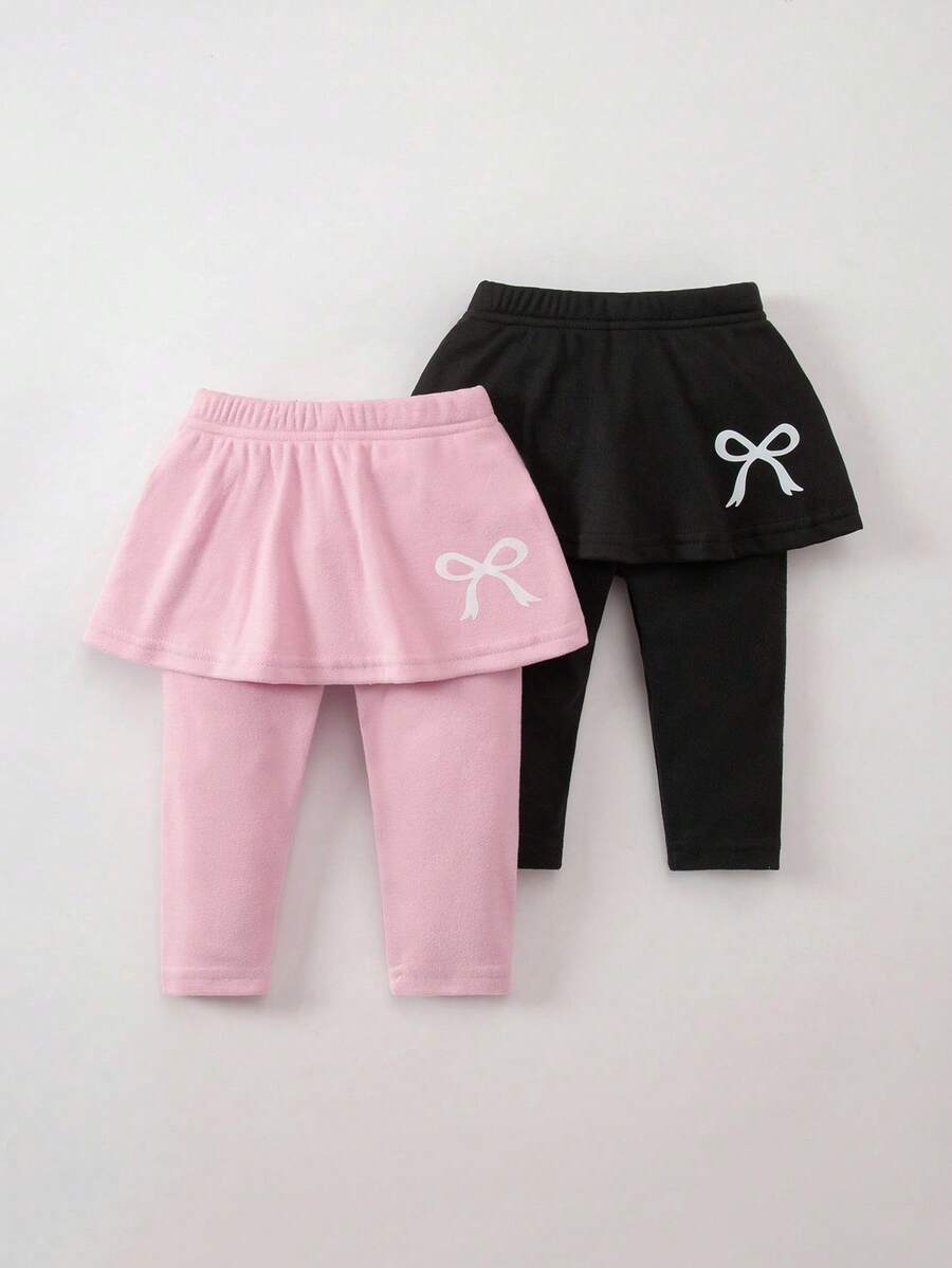 SHEIN 2pcs Baby Girls' Fashion Bow Print Leggings Set, Autumn/Winter Fall