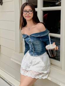 SHEIN EZwear 女式单排扣露肩长袖牛仔衬衫 - 中等水洗藍 - 查看 4