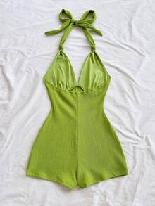 Soleia 新款休闲度假西部海滩婚礼宾客服装，毕业早午餐，圣帕特里克节，春假，复活节，音乐节，优雅波西米亚热带露背纹理针织连体裤，带蝴蝶结肩带，适合女士 - 綠色 - 查看 2