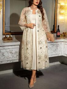SHEIN Clasi 1 Set: Schwarzer Grund mit goldenem Pailletten transparenter Lange Strickjacke + körperbetontes Unterkleid, elegantes Modisches Outfit für Party & Zusammenkünfte, Große Größen - Verschiedenfarbig - Übersicht 4