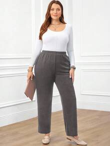 Miaspire Plus Size Women's Casual Daily Black Long Pants With Pockets/Winter Fall - Dark Grey - View 7