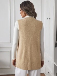 Louniche Women's Elegant Texture, High-End Simple Open-Front Vest, Long Woolen Coat - Apricot - View 2