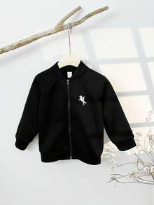SHEIN 男童休闲图案卫衣、夹克、外套、返校服、可爱上衣、基本款上衣，适合秋冬季上学、度假、旅行、运动 - 黑色 - 查看 6