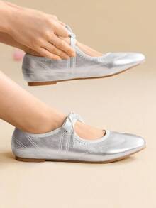 CUCCOO EASI 女士银色金属色系带玛丽珍平底鞋，时尚舒适 - 銀色 - 查看 8