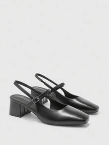 CUCCOO BIZCHIC Women's Square Toe Mid-Chunky Heel Slingback Pumps, Classic Black Minimalist Design, Suitable For Daily Commute, Work, And Casual Outings For Christmas Spring Shoes - Black - View 7