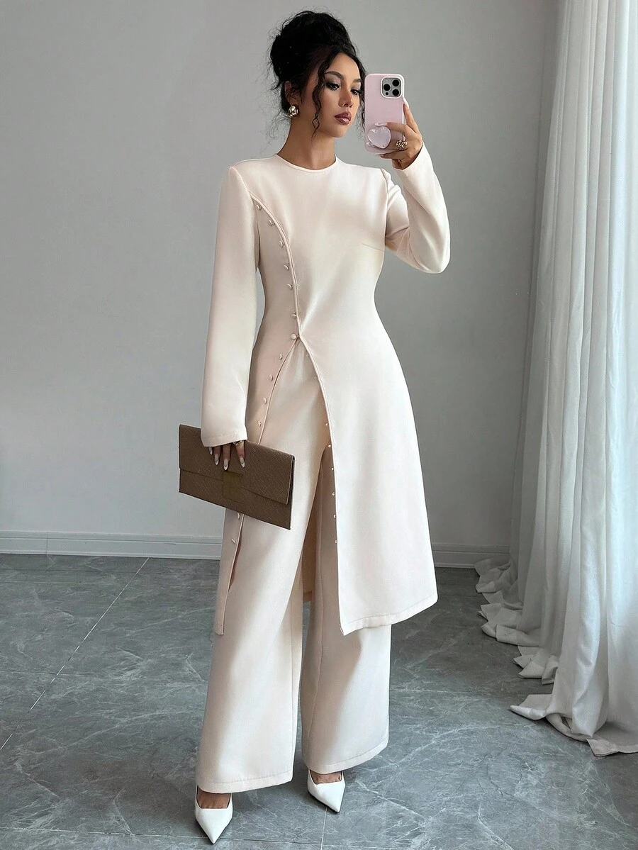 Elenzga Bộ 2 áo dài tay cài nút phía trước màu trơn và quần dài thanh lịch - Màu be - Xem 1