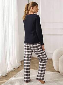 EURMUSE Cotton Cartoon Panda And Slogan Graphic Long Sleeved Shirt & Pants Homewear Pajama Set 100 Percent Cotton Pajamas Comfy Pajamas Set Sleep Wear Women Set Cartoon Pajamas Women Pajama Sets For Women - Black - View 2