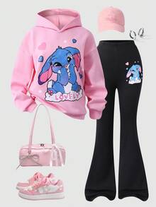 Sparklyn 2pcs/Set Teenage Girls Cartoon Sweatshirt Top Paired With Flared Casual Pants, Cute & Fashionable Versatile Style, Suitable For Autumn Fall Winter - Pink - View 1