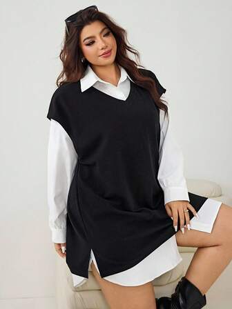 Solflare 大码白色长衬衫和黑色无袖背心两件套，秋冬