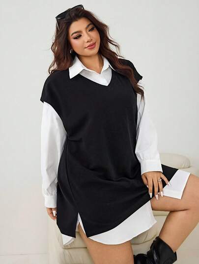 Solflare Conjunto de 2 piezas de camisa blanca larga y chaleco sin mangas negro, talla grande, para otoño/invierno