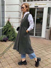 Livesso Women's V-Neck Waist Cinched Mid-Length Overcoat Fall/Winter - Grey - View 3