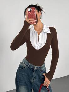 SHEIN EZwear Body tricotat casual maro pentru femei, cu dungi, guler tip patchwork, mânecă lungă, casual