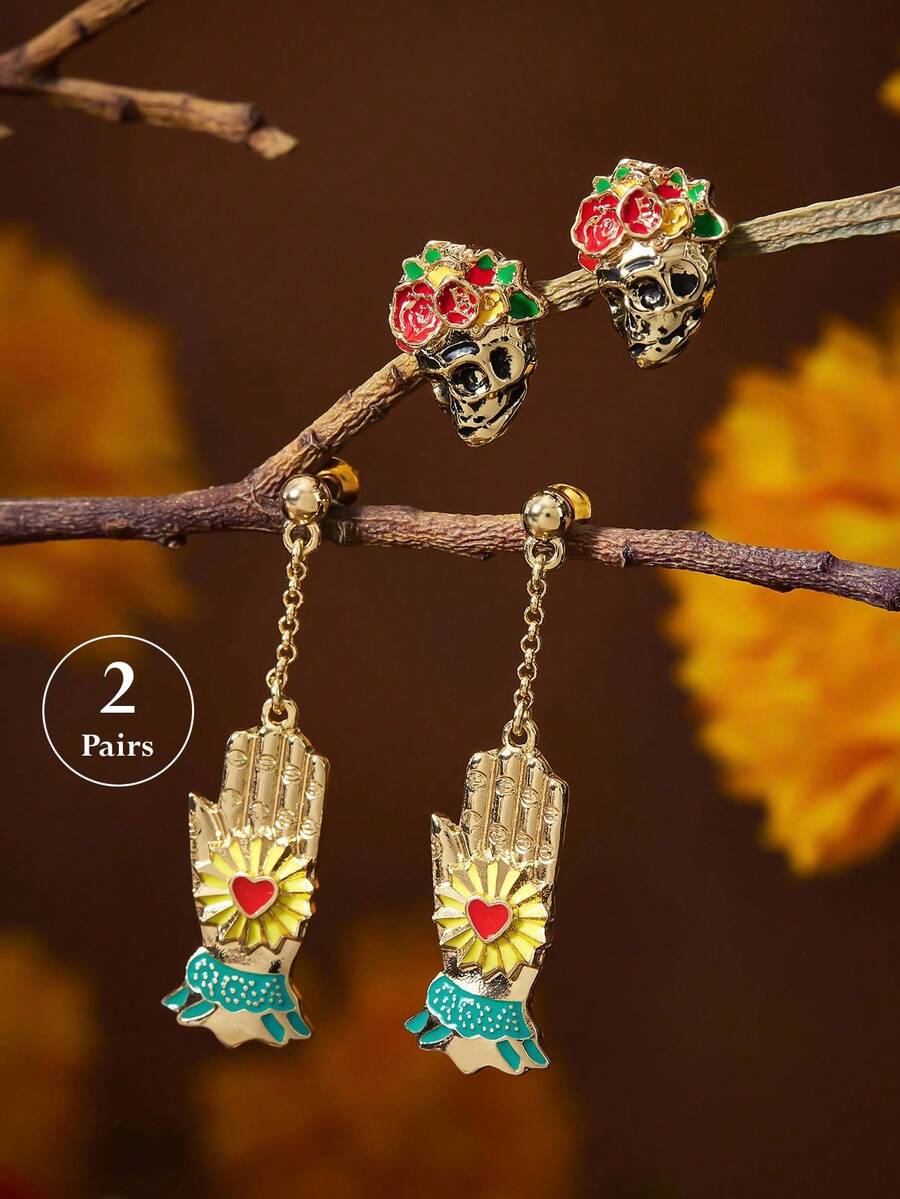 Frida Kahlo X SHEIN 2 对时尚 3D 浮雕骷髅和花朵锌合金吊坠耳环套装，优雅女士珠宝套装 - 彩色 - 查看 1