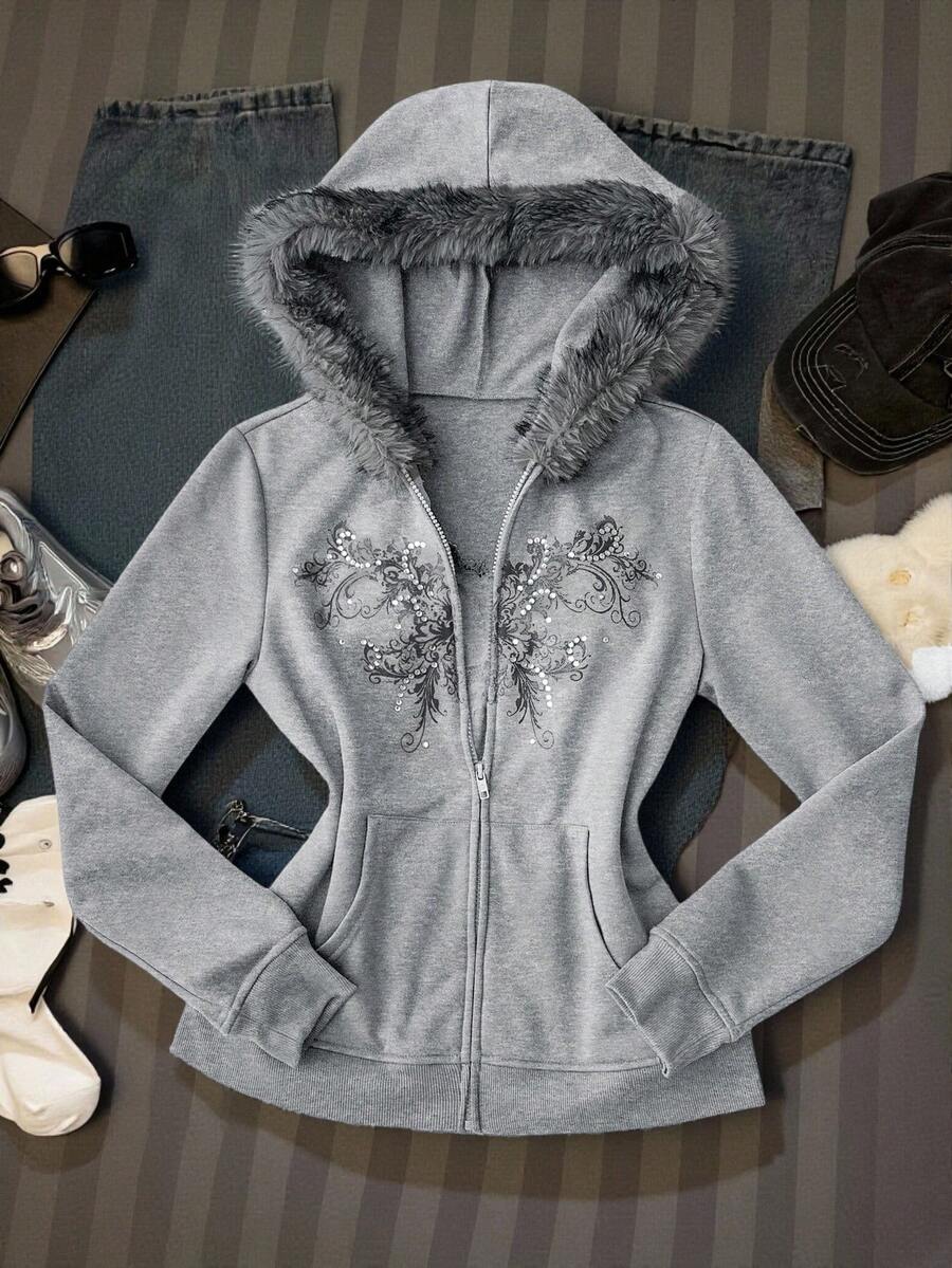 SHEIN EZwear Women's Retro Print Rhinestone Fuzzy Collar Sweatshirt Women Sweatshirts Women Winter Clothes Rhinestone Zip Up Women Sweatshirts Rhinestone Zip Up Cross Sweatshirt For Women Women Sweatshirts Women Sweatshirts - Grey - View 1