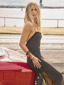 Aralina Fall / Winter Halter Neck Tie Up Polka Dot Y2K Maxi Dress With Ruffle Detail For Going Out And Night Out Dress Perfect For Homecoming