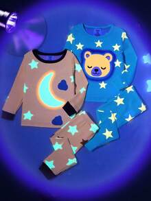 SHEIN 4pcs Baby Boy Cute Glow-In-The-Dark Star & Moon Pattern Long Sleeve Bodysuit And Long Pants Comfortable Pajamas Set - Multicolor - View 5