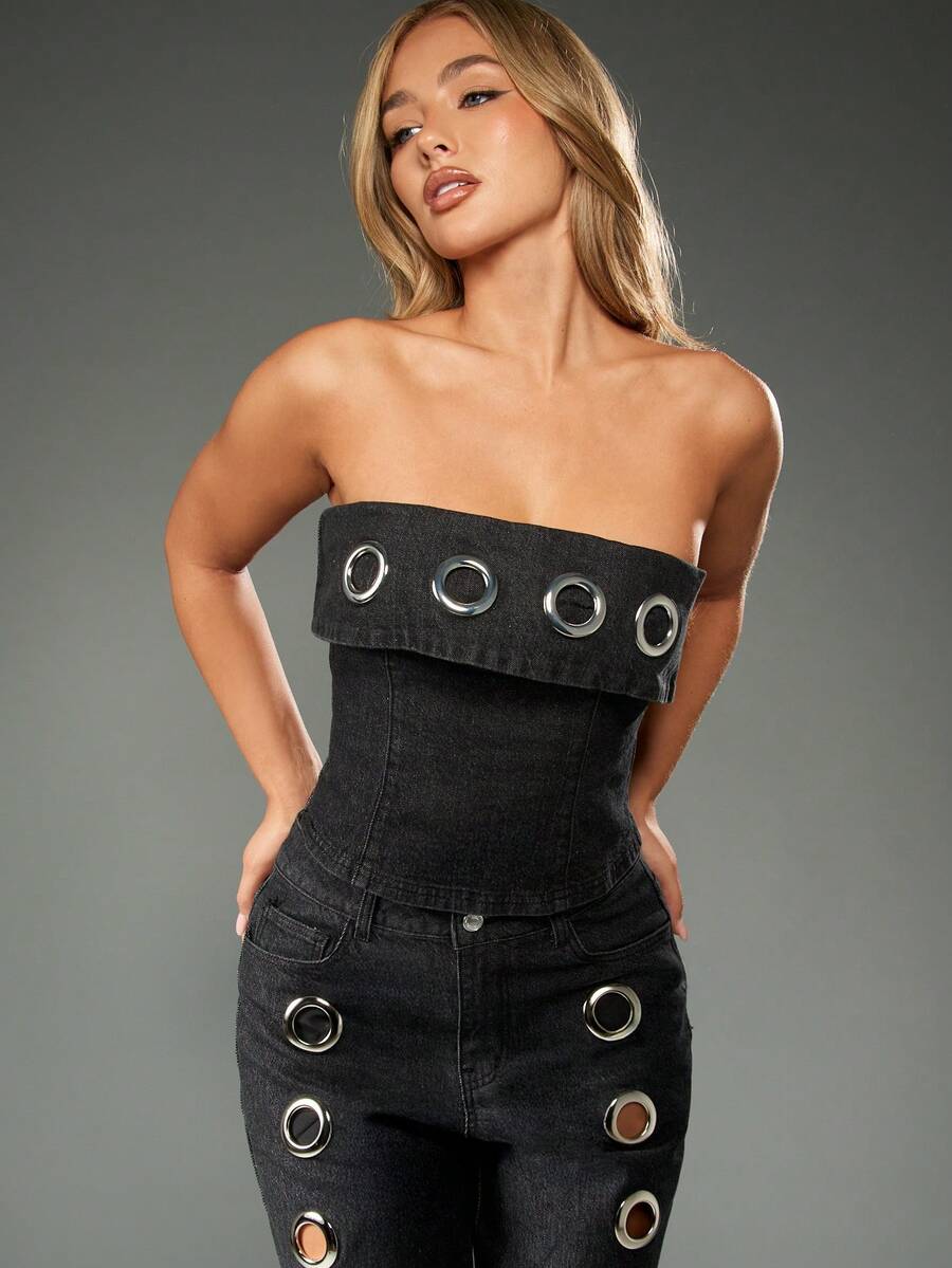 MISSGUIDED Cotton Trendsetting Denim Corset Top Strapless Metal Eyelet Embellished Fold Over Dark Wash Statement Bustier Street Style Festival Chic