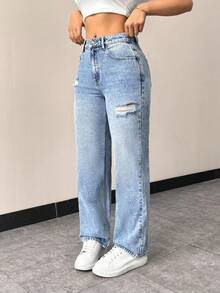 SHEIN Tall Jeans rectos de talle alto con efecto desgastado - Azul lavado medio - Ver 5