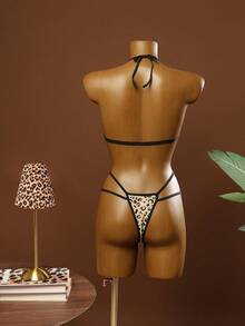 Bare Chapter 2pcs Leopard Print Lingerie Set, Comfortable Halter Tie Strap Sexy 3-Piece Outfit ClassicAnimalPrint - Multicolor - View 2