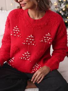 Louniche Women Crew Neck Long Sleeve Faux Pearl Decor Casual Pullover Sweater - Red - View 6