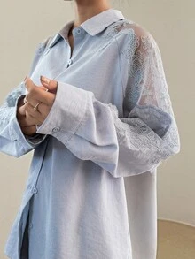 DAZY Women's Floral Patchwork Loose Long Sleeve Casual Elegant Urban Casual Shirt Fall - Blue - View 4