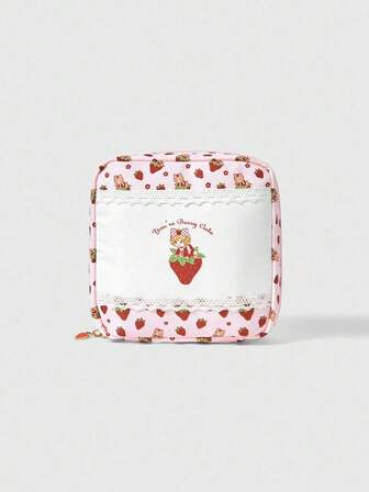 Kawaii Fashionable Cartoon Contrast Lace 2 Grid Retro Girl Thick Padded Large Capacity Portable Cosmetic Bag, Small Square Bag 442464