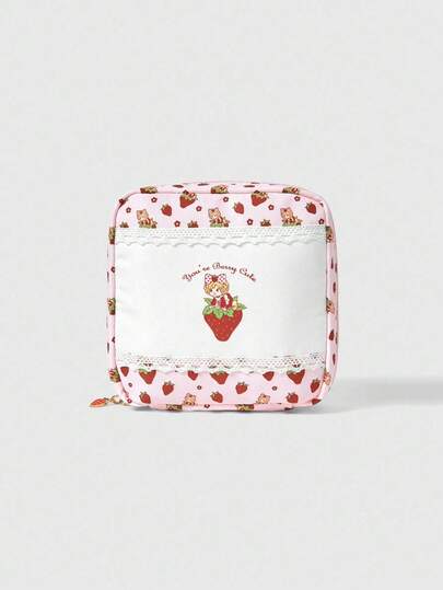 Kawaii Fashionable Cartoon Contrast Lace 2 Grid Retro Girl Thick Padded Large Capacity Portable Cosmetic Bag, Small Square Bag 442464