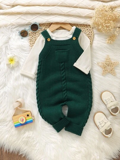 SHEIN Mono de punto minimalista y casual de color verde claro con tirantes para bebé unisex