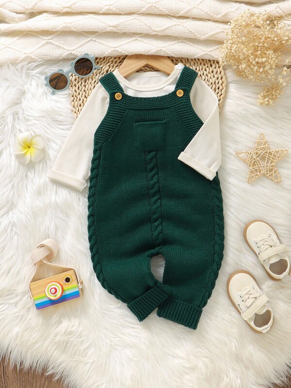 SHEIN Mono de punto minimalista y casual de color verde claro con tirantes para bebé unisex