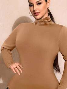SHEIN SXY Plus Size Solid Color Slim Fit High-Necked Long Sleeve All-Match T-Shirtbasic Tees