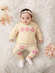 SHEIN Newborn Baby Girls Winter Knitted Floral Embroidered Long Sleeve Sweatshirt & Floral Knitted Pants Set, Suitable For Outings And Casual Wear - Apricot - View 10