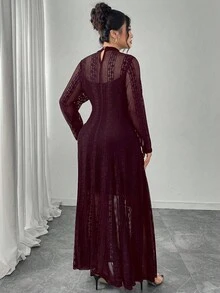 Modelyn Knit Contrast Mesh Sheer Flowy Elegant Romantic Fashion Dress, Long Sleeve, Black, Plus Size - Red Violet - View 2