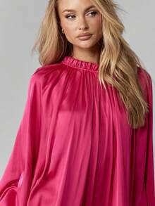 MISSGUIDED Volume Mini Dress Ruffle Hem High Neck Satin Elegant Party Occasion Statement Balloon Sleeve Gathered Holiday Fall Winter - Hot Pink - View 7