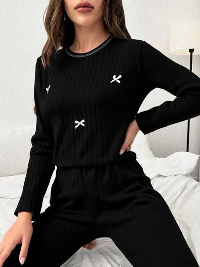 EURMUSE Dam Bomull Rosettdetalj Långärmad Skjorta & Byxor Hemmakläder Lounge Pyjamas Set