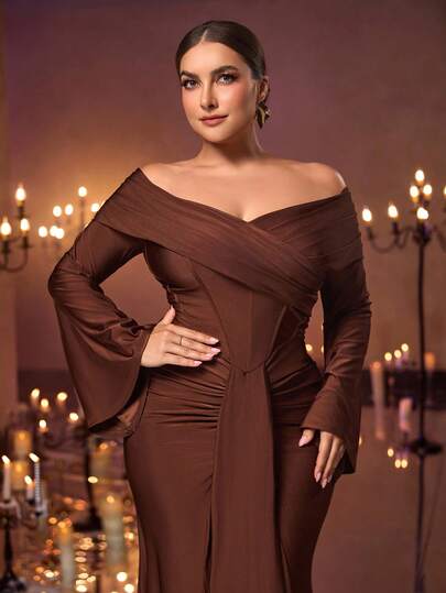 Glamrae Plus Size Elegant Romantic Brown Off Shoulder Flare Sleeve Ruffle Collar Fitted Mermaid Hem With Train Formal Evening Gown