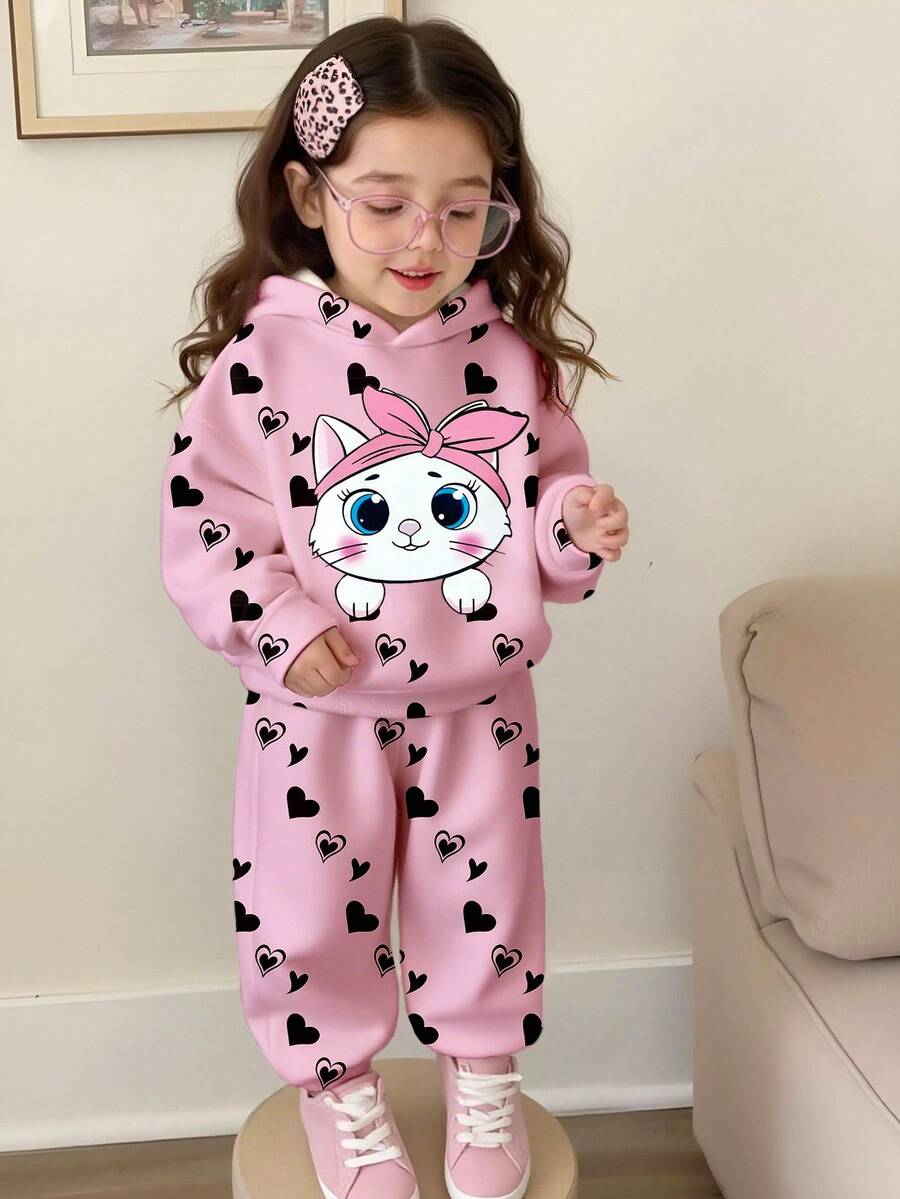 Sparklyn 2pcs/Set Girls Casual Fashionable Creative Heart & Cute Cat Graphic Print Hoodie Sweatshirt And Sweatpants Set, Suitable For Autumn/Winter Fall - Multicolor - View 1